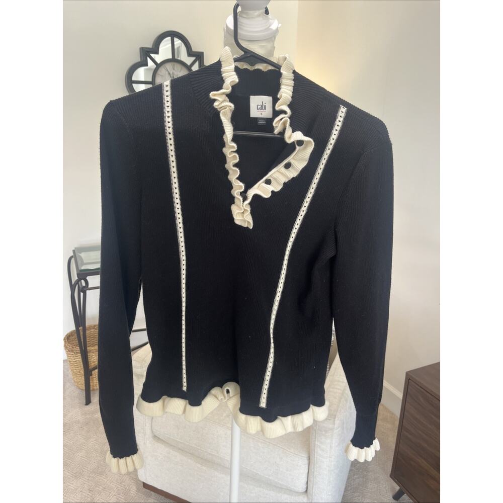 Cabi Sz S Ruffle Trim Sweater Black Cream Button Preppy Classic #4103 adorn
